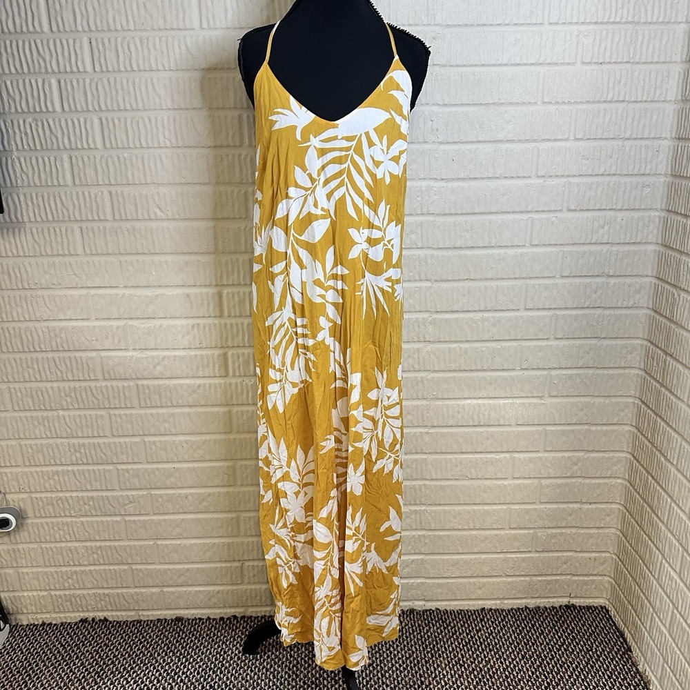 Old Navy Yellow Tropical Hibiscus Ruffle Maxi Dress Sz L Vacation Resort Wear